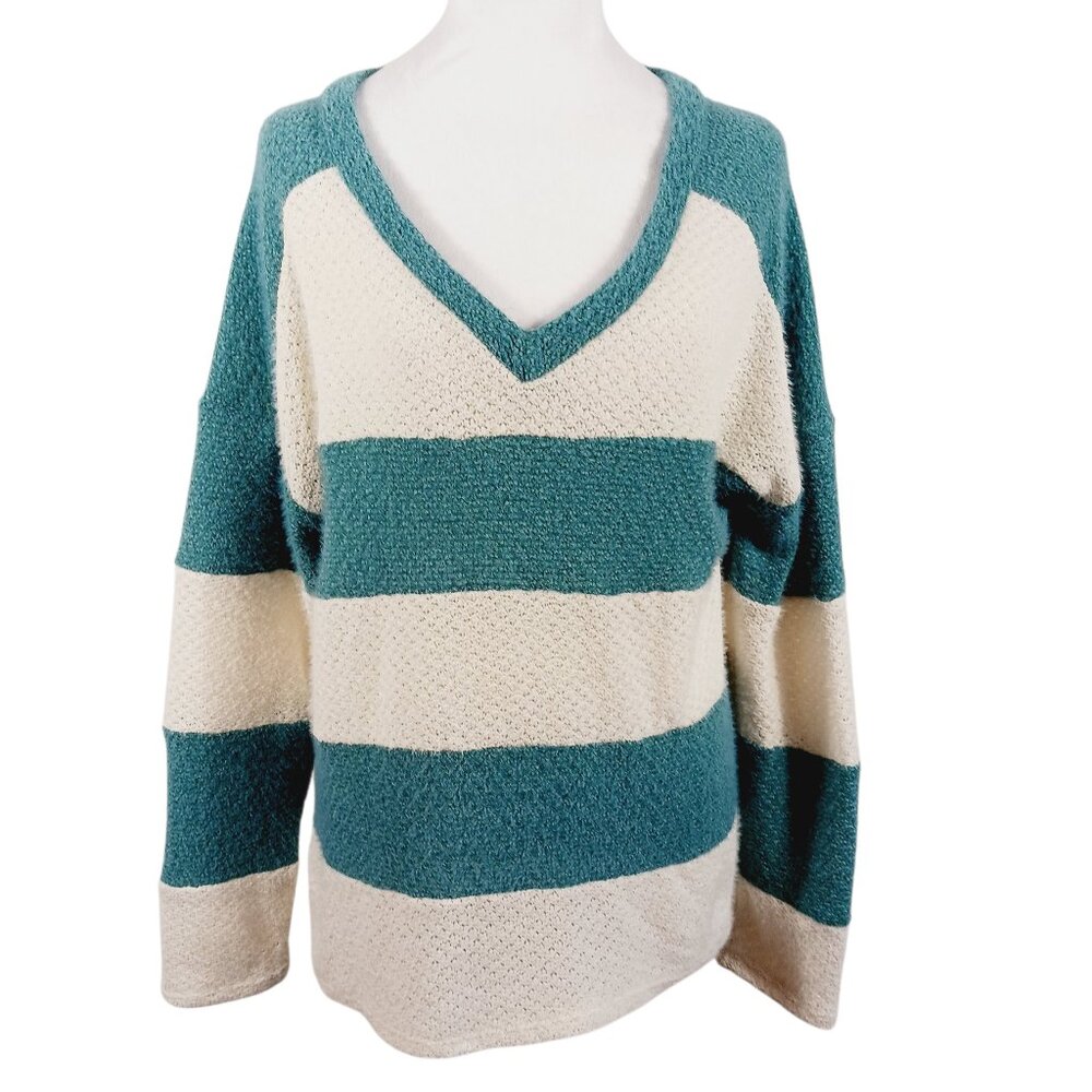 Bibi Women's MED Green & Cream Pullover Sweater Rugby Stripe Front, Relaxed Fit